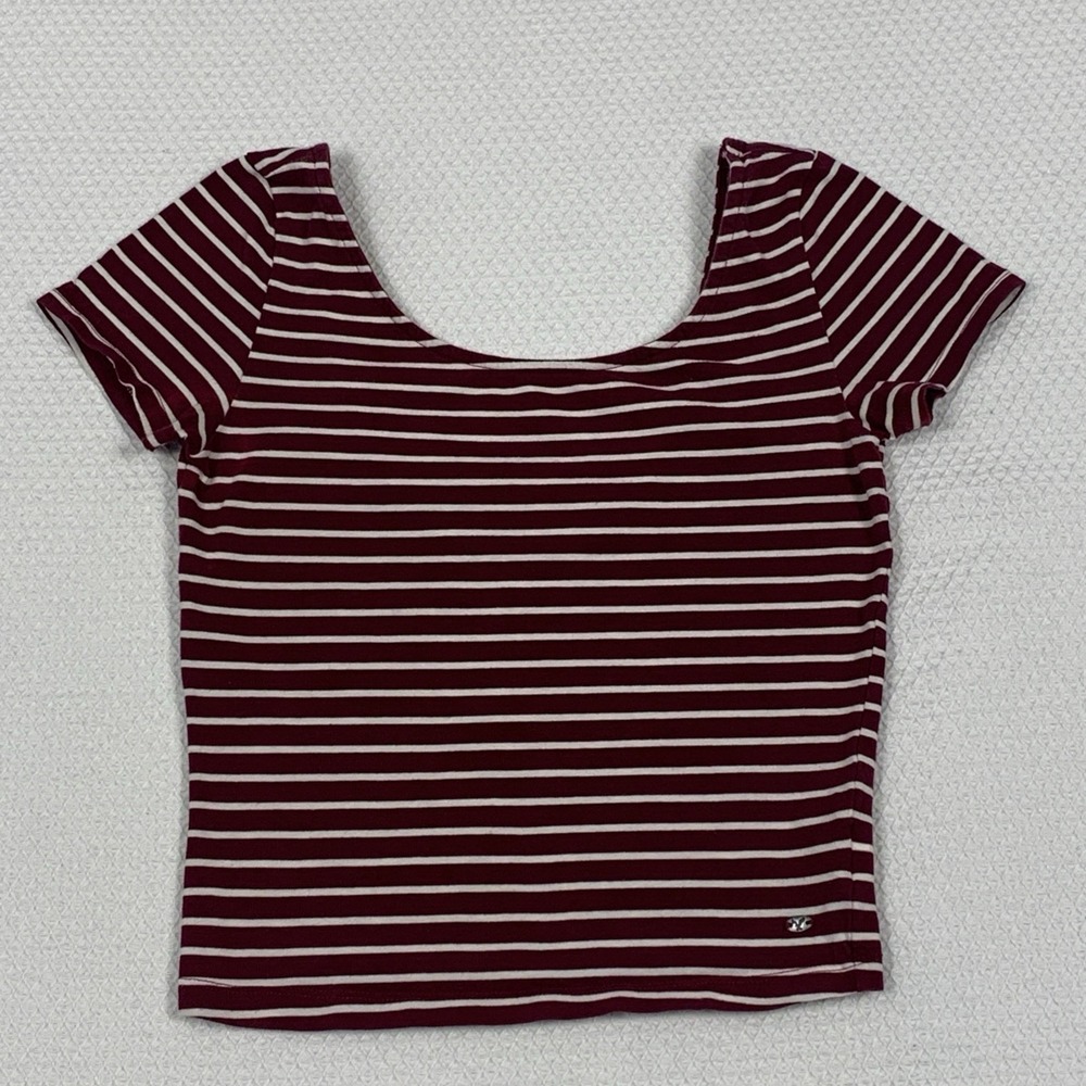 American Eagle Womens XS Striped Stretch Blouse Maroon Short Sleeve Cotton Top